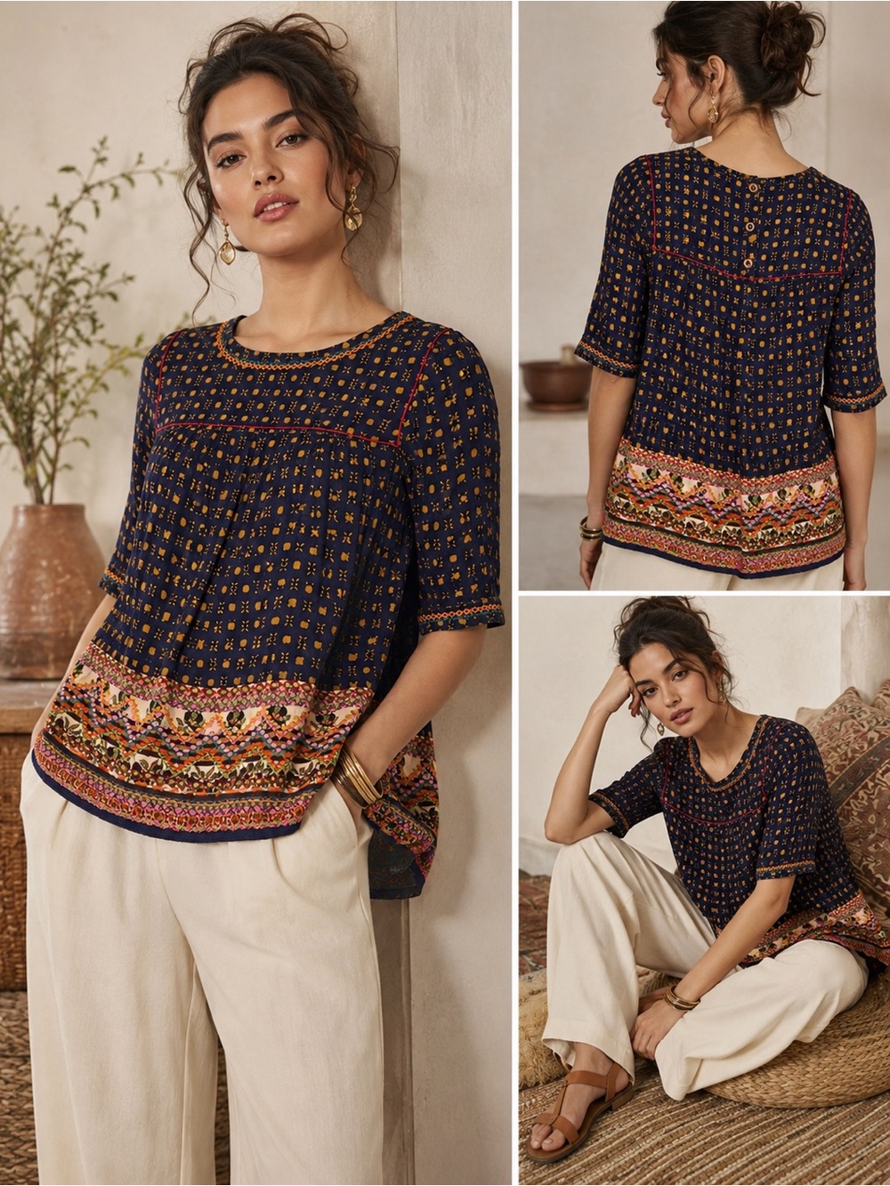 HOLDING HORSES by Anthropologie Navy Boho Printed Tunic with Multicolor Border 0